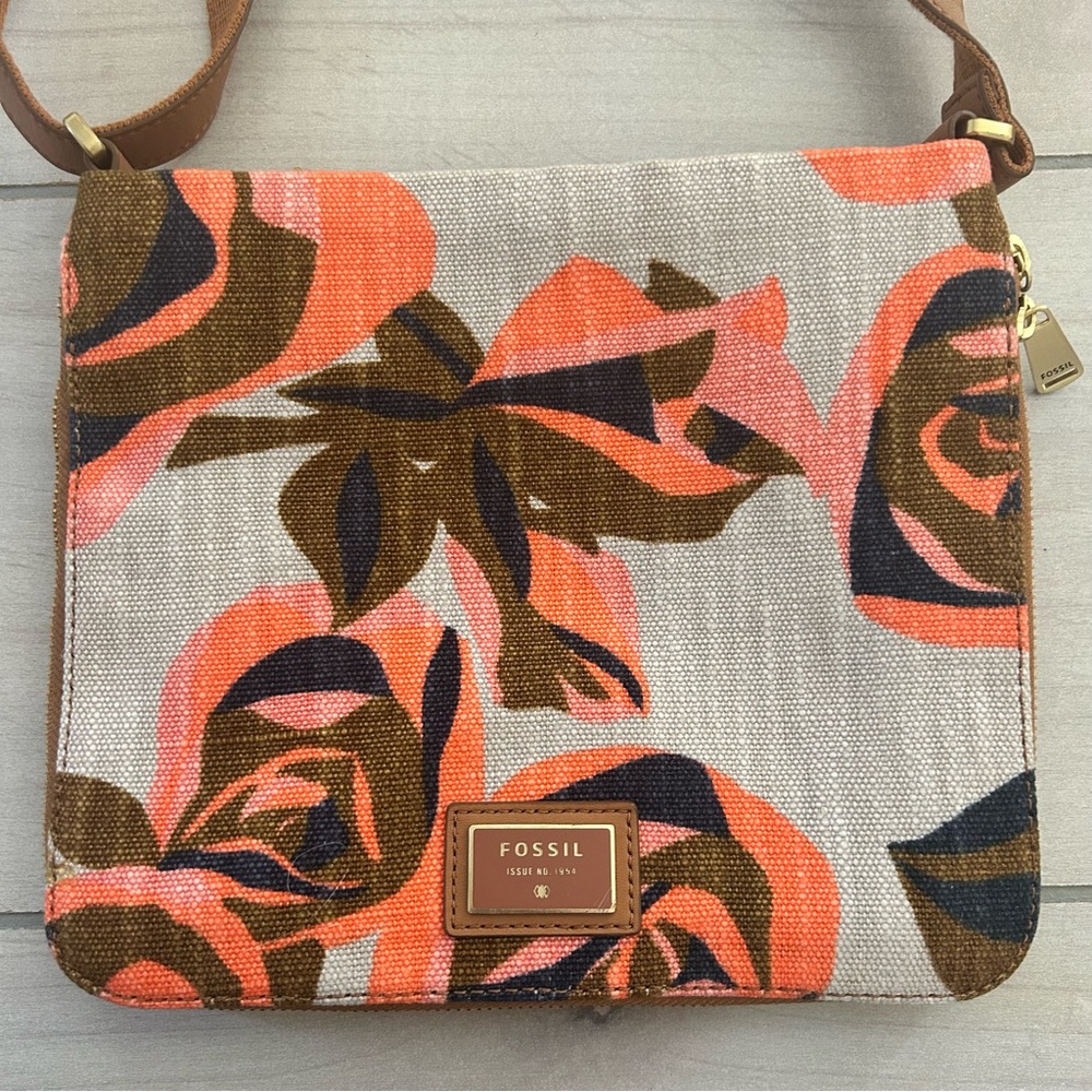 Fossil Preston Floral Expandable Crossbody Shoulder Canvas Leather Handbag - Picture 6 of 7
